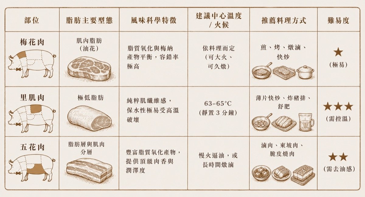梅花、里肌、五花的科學比較表